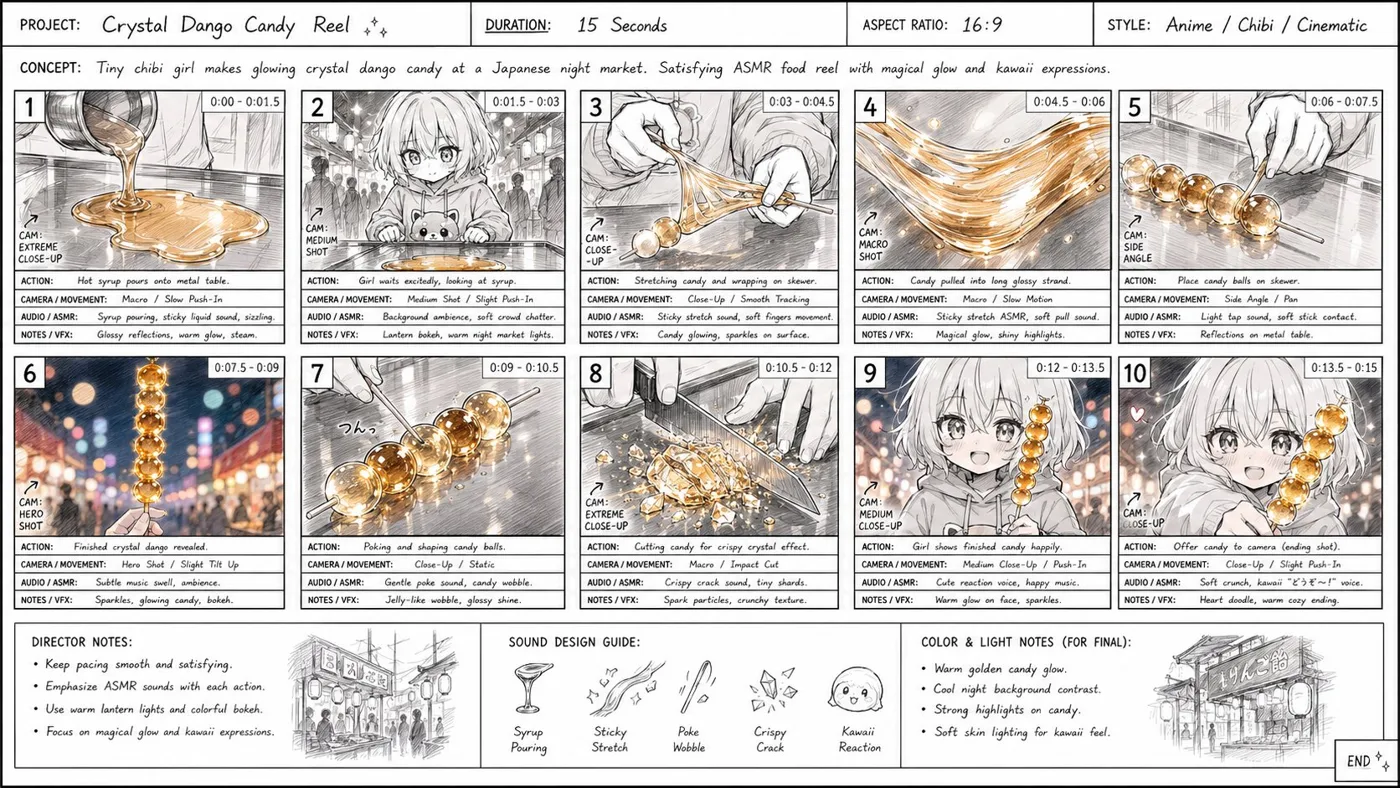 Anime storyboard chibi girl crystal dango night market — Sonra