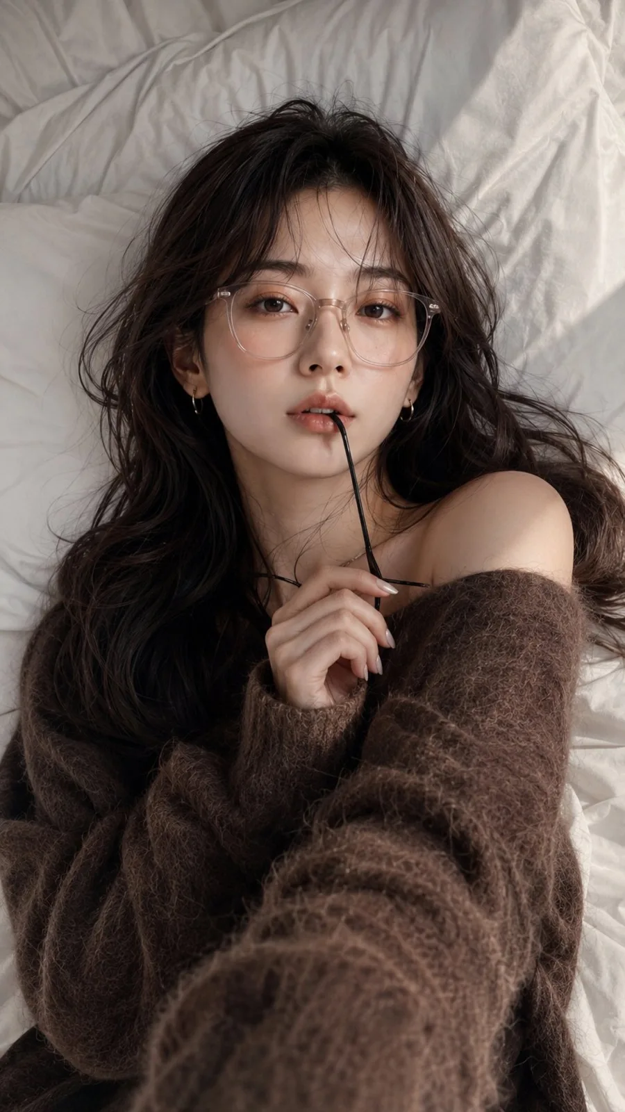 Korean lifestyle editorial portrait overhead selfie — Sonra