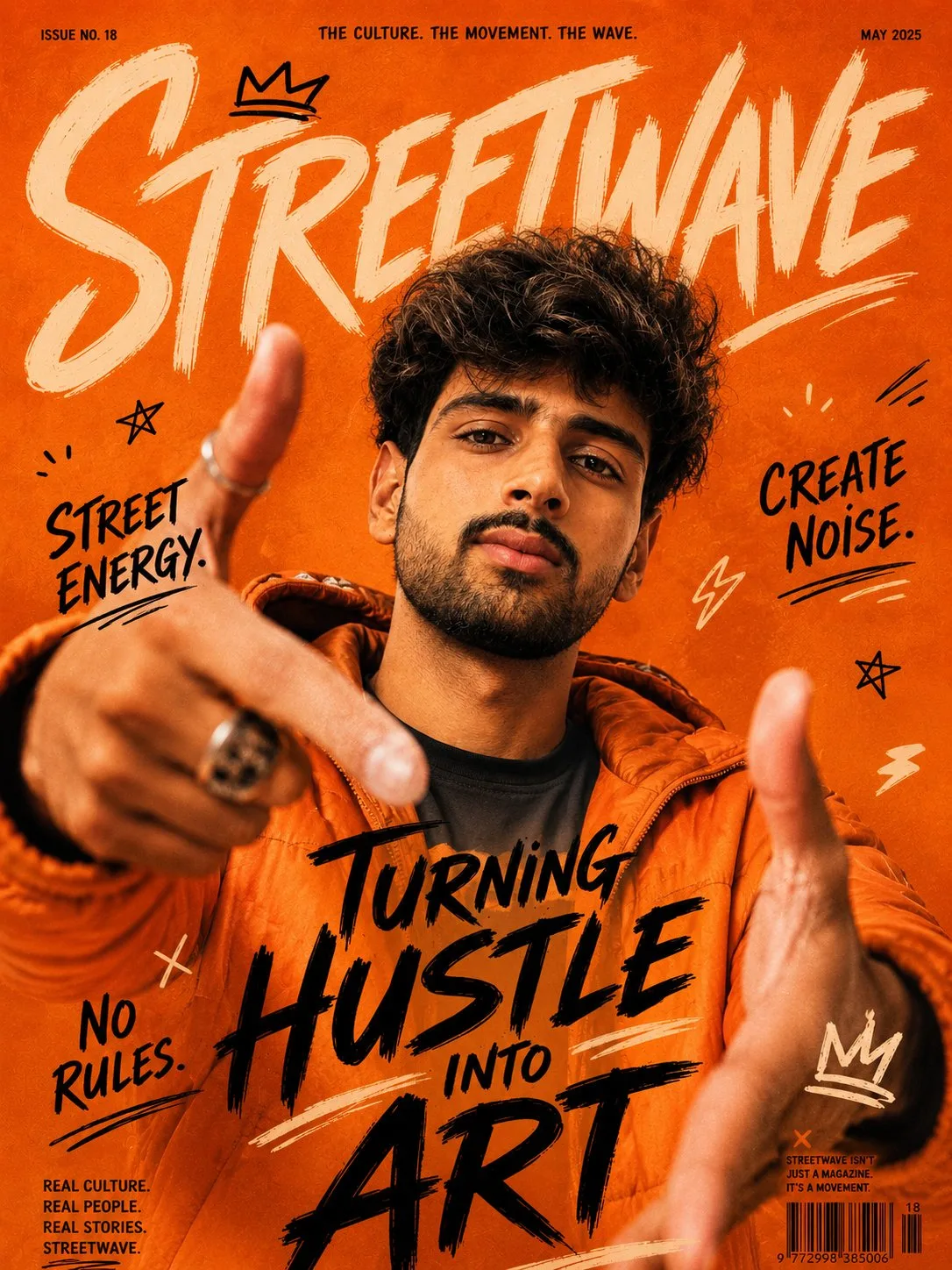 Urban orange streetwear magazine cover south asian man — Sonra
