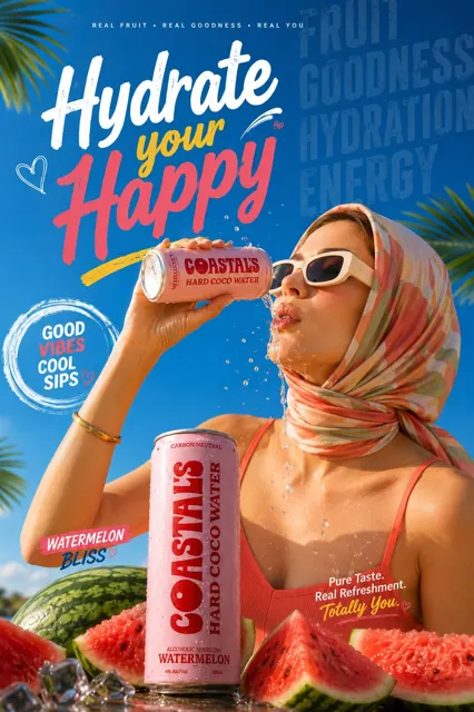 Ultra realistic summer beverage commercial poster