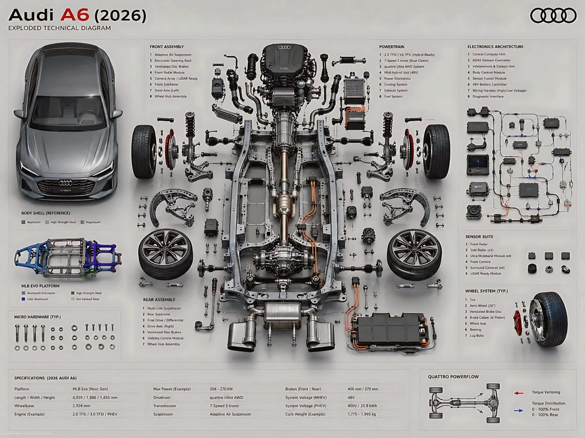 Engineering level exploded poster of audi a6 — Sonra