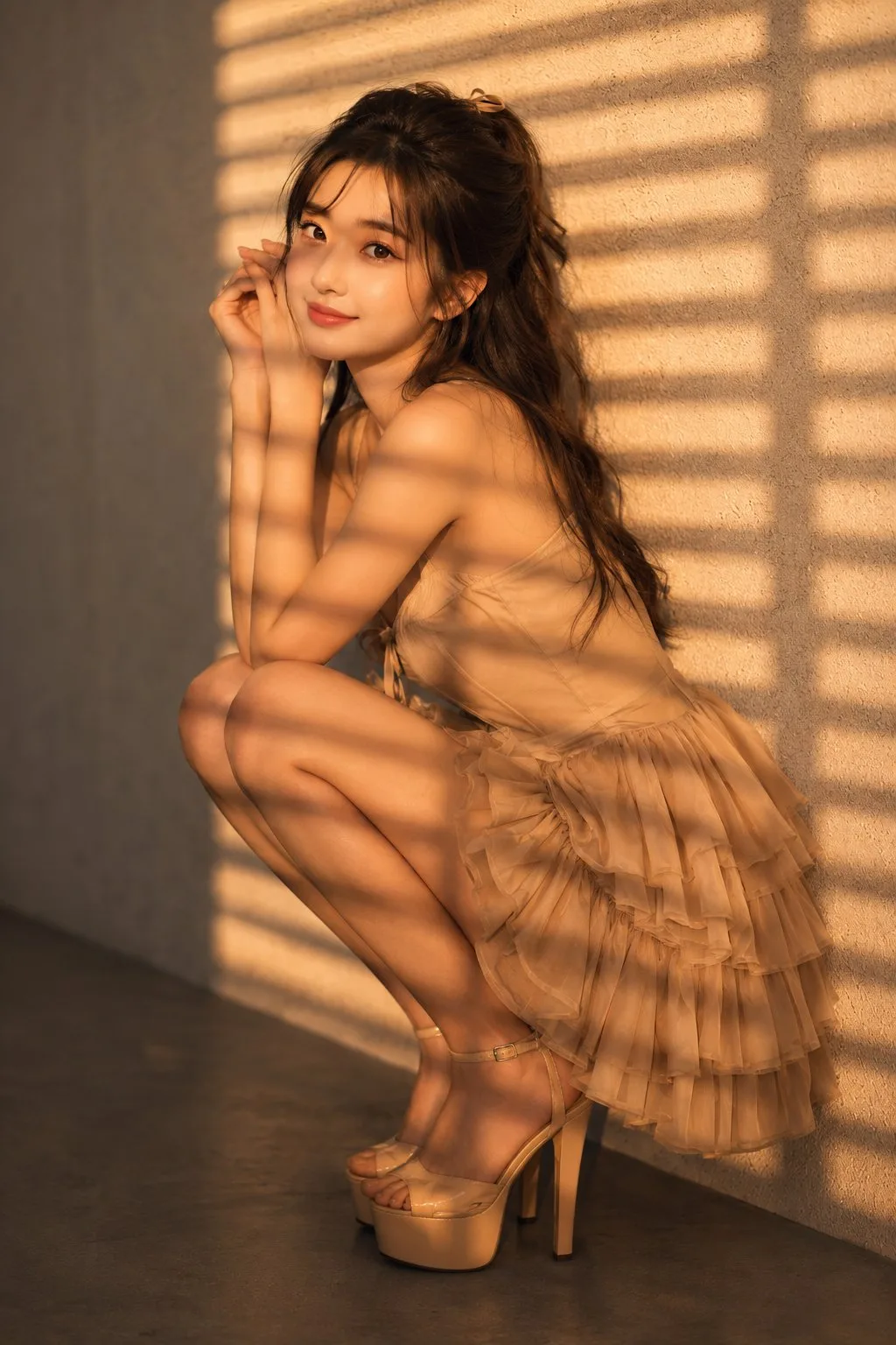 High fashion editorial golden hour venetian blinds model — After
