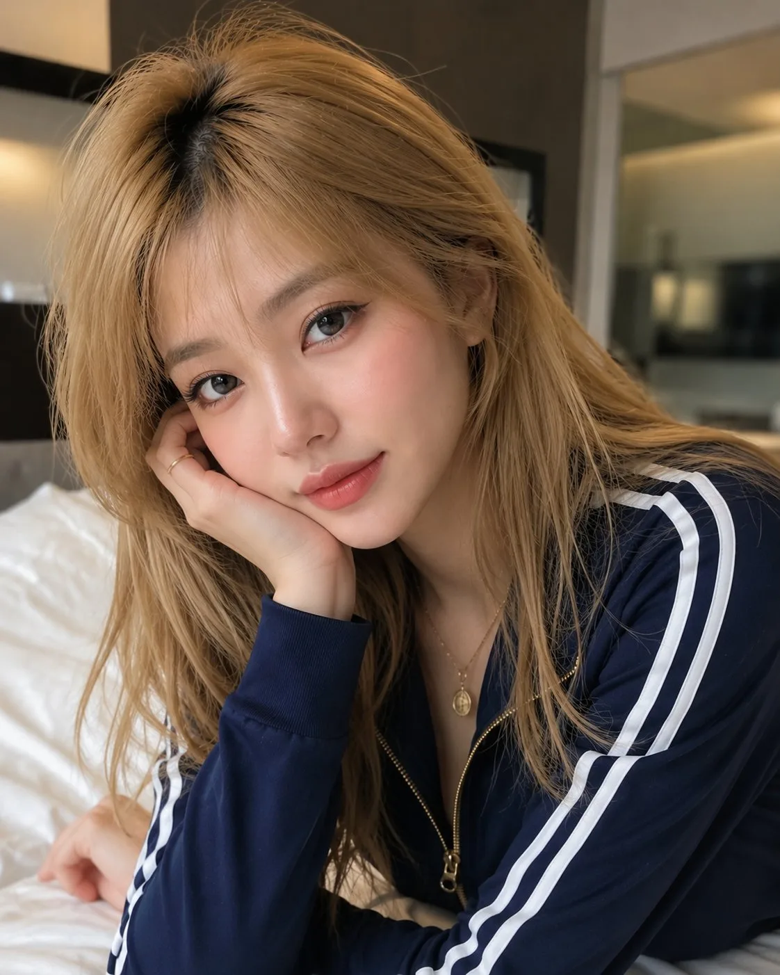 Ultra realistic japanese woman golden blonde hair indoor portrait — After