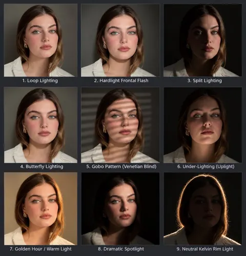 Portrait lighting comparison 3x3 grid consistency