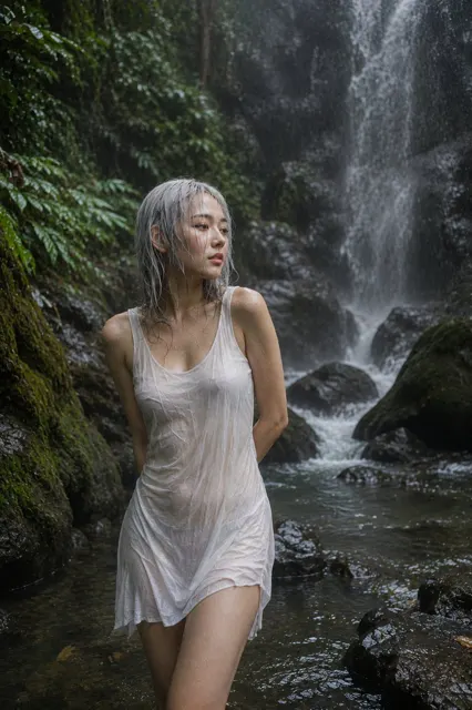 Photorealistic korean woman secluded forest waterfall
