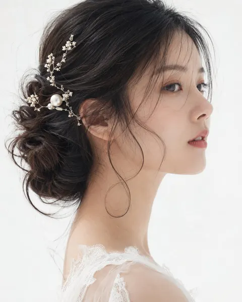 High key realistic east asian female portrait loose bun