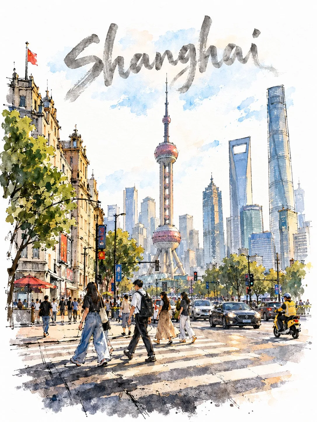 Urban sketch watercolour busy street crossing prompt — After