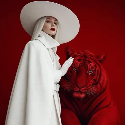Surreal fashion editorial white coat crimson tiger