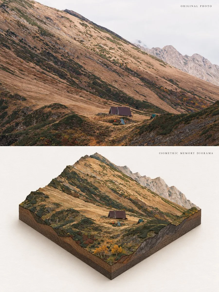 Travel photo to isometric paper carving diorama poster — After
