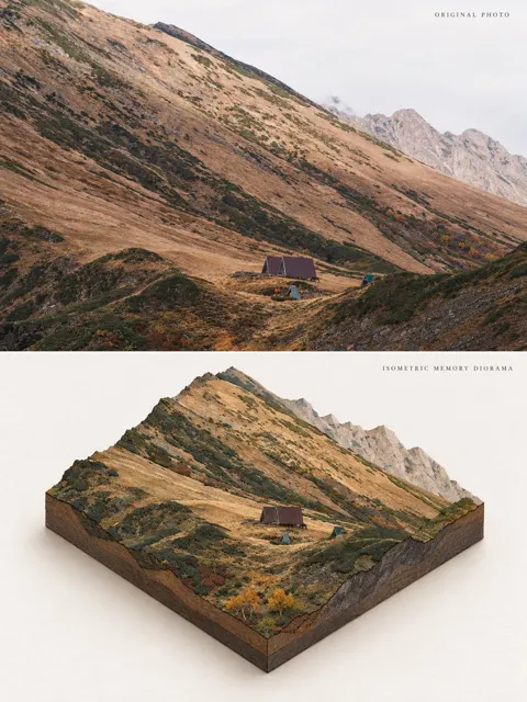 Travel photo to isometric paper carving diorama poster