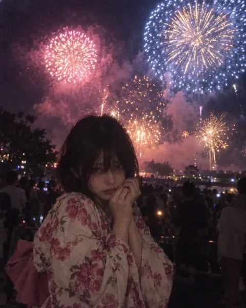 Hyper realistic summer fireworks festival night portrait ccd style