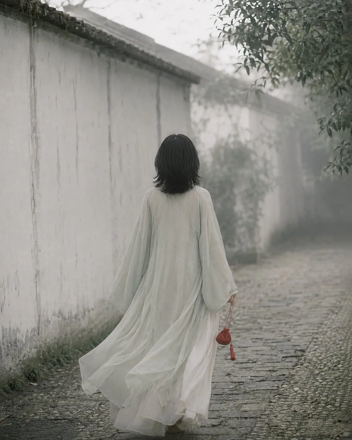 Jiangnan rainy alley woman back view — Sonra