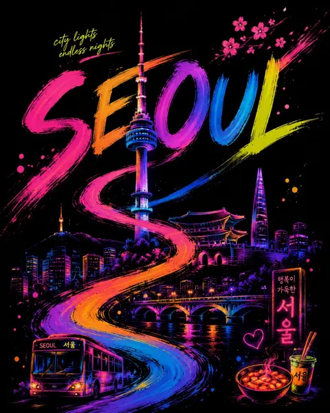 Premium neon ribbon city travel poster