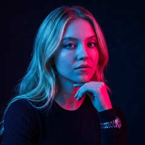 Blue pink neon realistic portrait