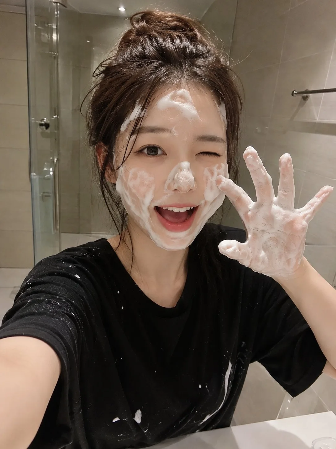 Japanese woman skincare bathroom selfie — After