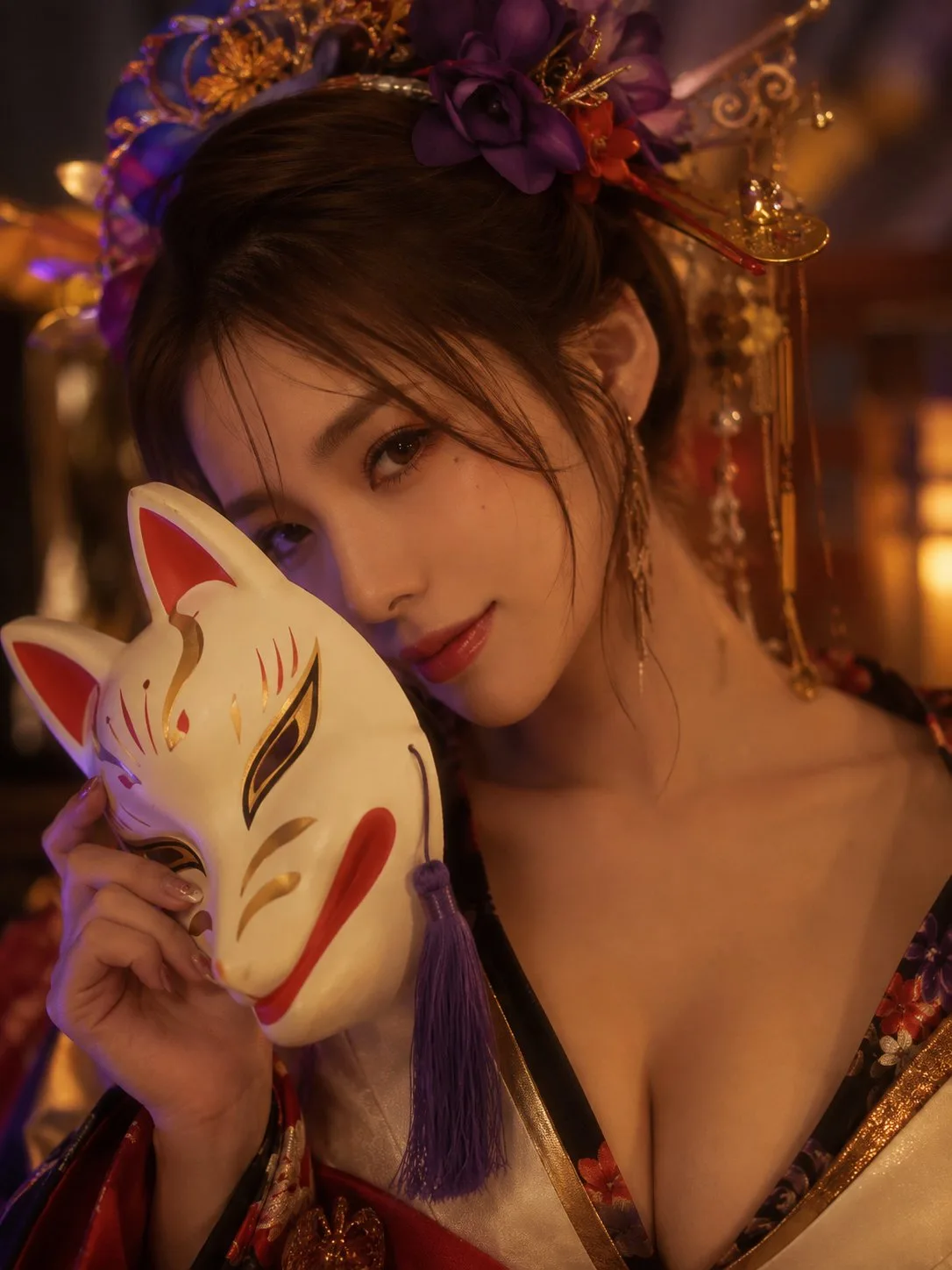 Fashion photography japanese oiran fox mask close up — Sonra