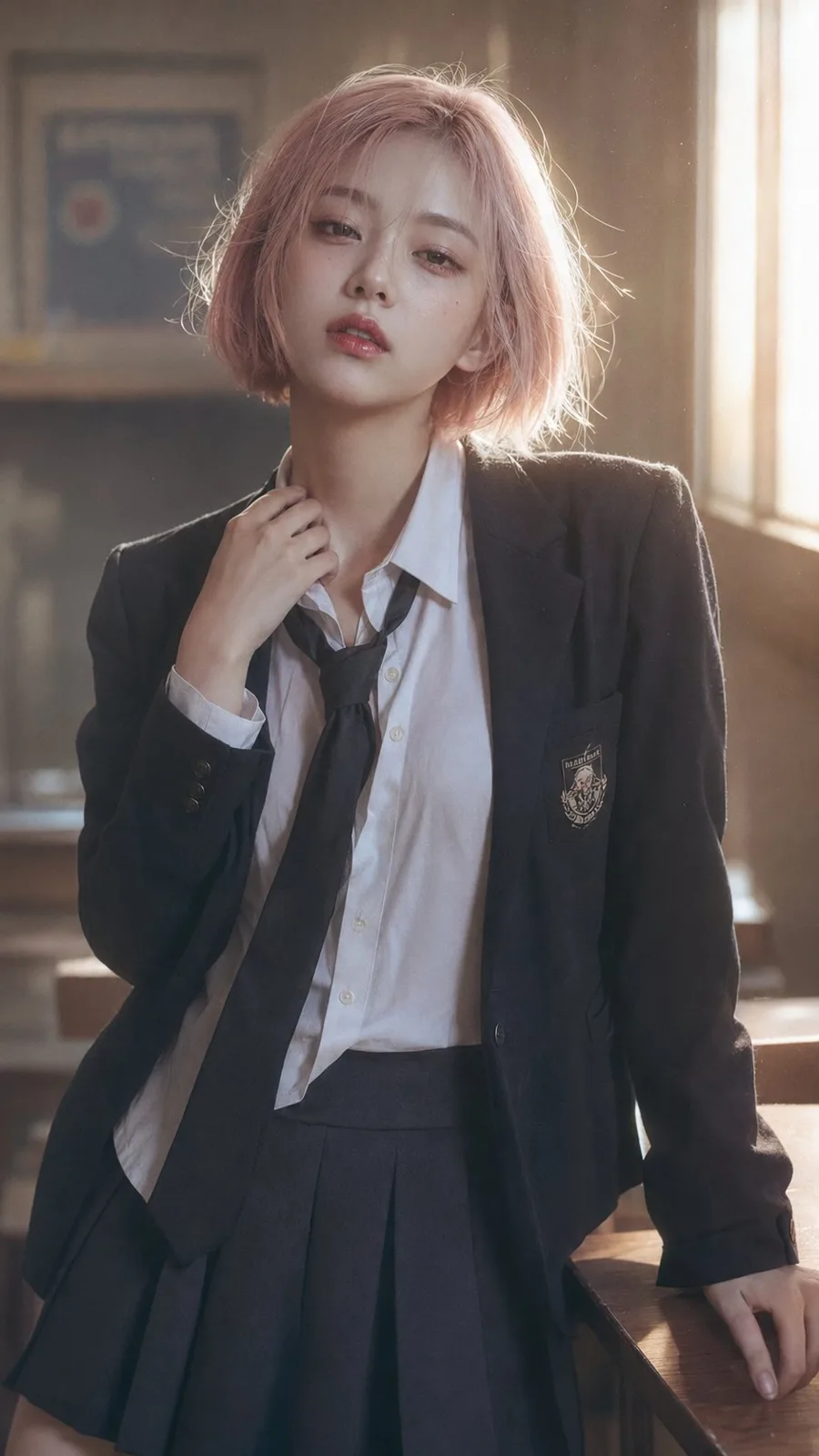 Korean editorial campus portrait pink bob taiwanese woman — After