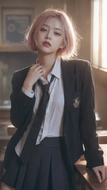 Korean editorial campus portrait pink bob taiwanese woman