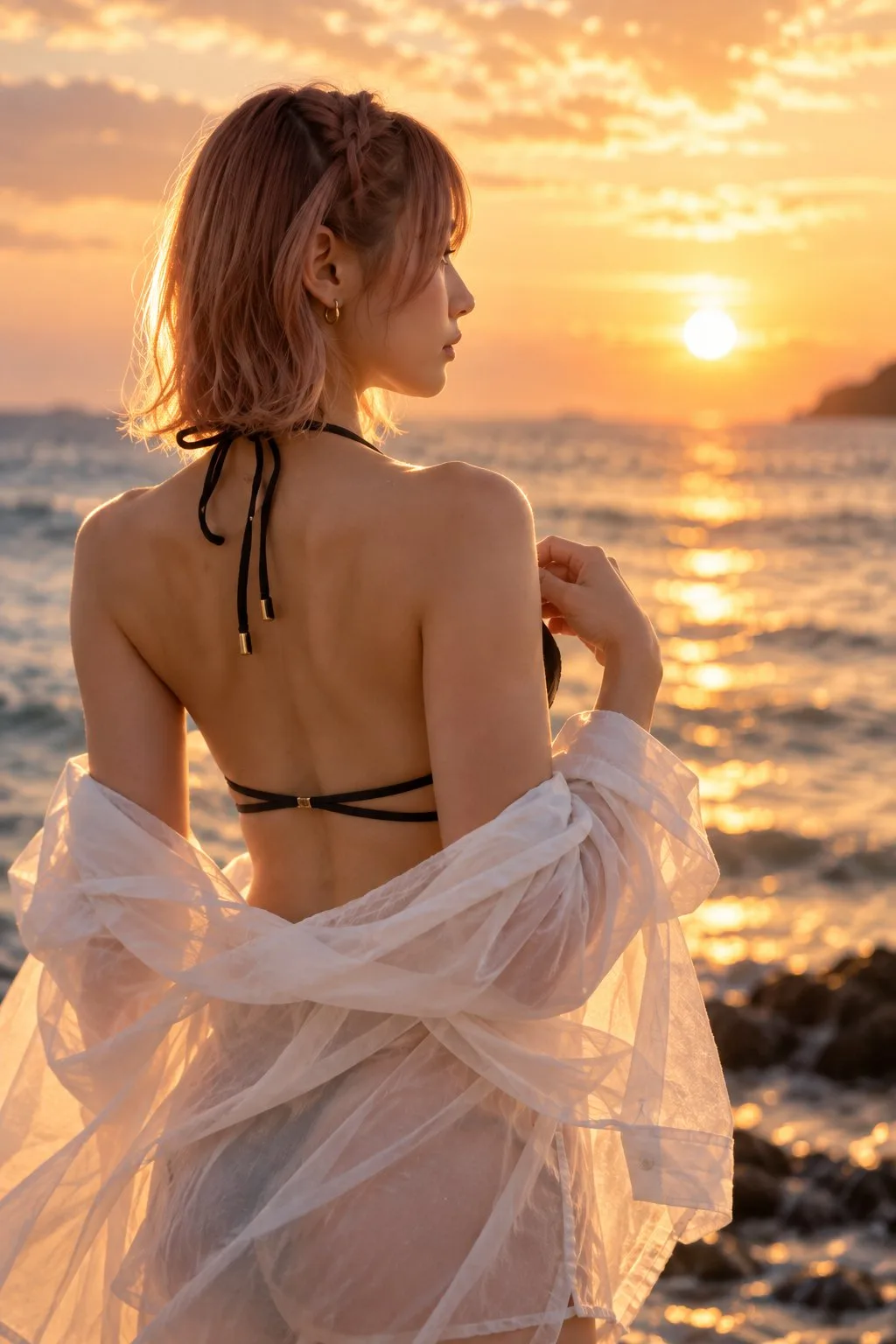 Sunset beach woman portrait pink beige hair — After