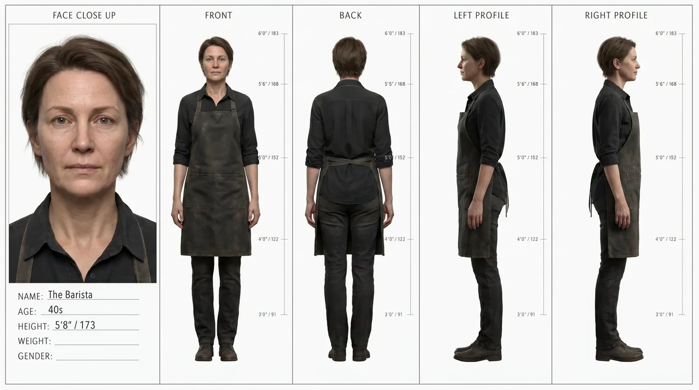 Female barista character turnaround sheet photorealistic — After