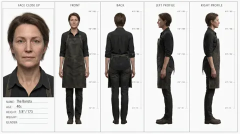 Female barista character turnaround sheet photorealistic