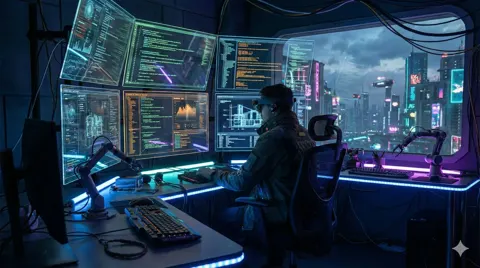 Cyberpunk holographic code desk
