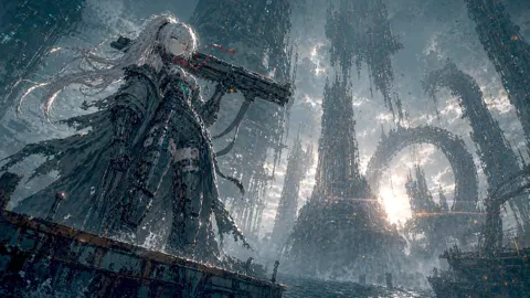 Mecha girl stands in derelict sea city