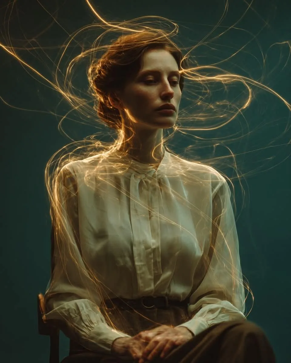 Cinematic fine art portrait golden light trails teal backdrop — Sonra
