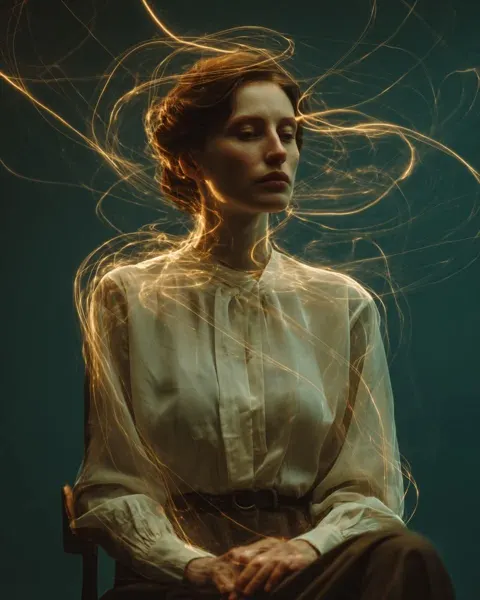 Cinematic fine art portrait golden light trails teal backdrop