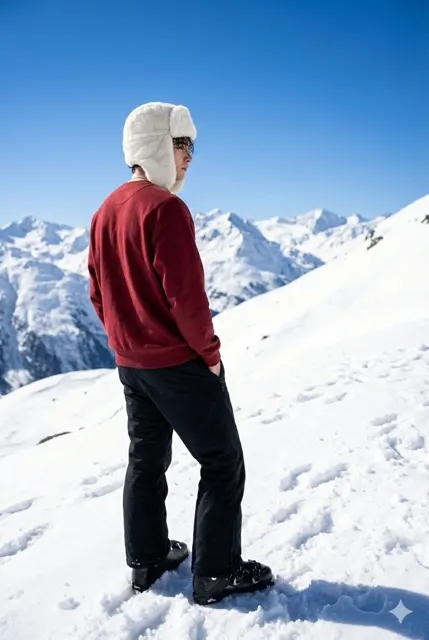 Snowy low angle dark red sweatshirt