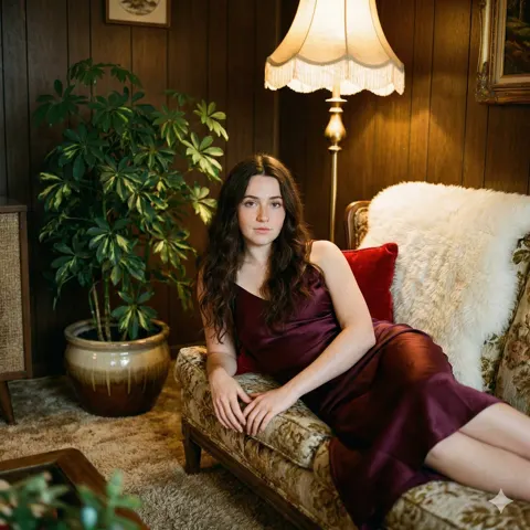 Languid burgundy satin girl retro sofa