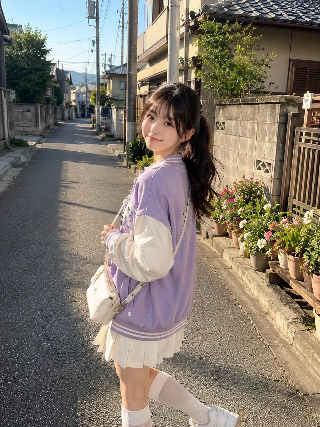 Cute japanese girl lavender varsity jacket street fashion — Sonra