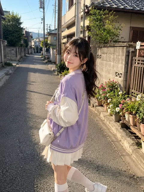 Cute japanese girl lavender varsity jacket street fashion