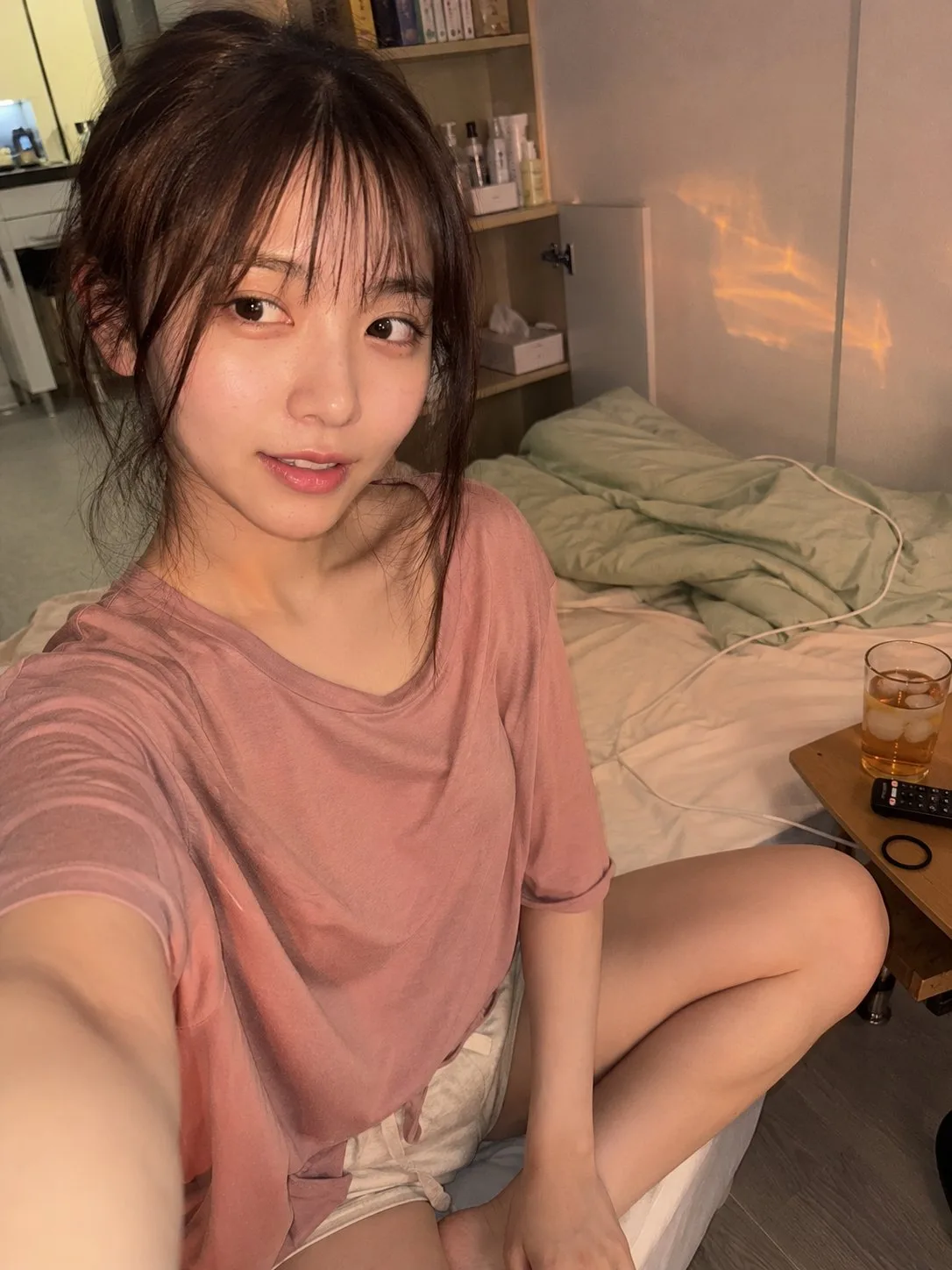 Photorealistic japanese woman iphone selfie summer apartment — After