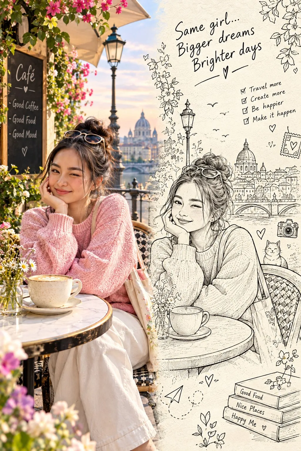 Split screen portrait east asian woman photo vs ink illustration — Sonra