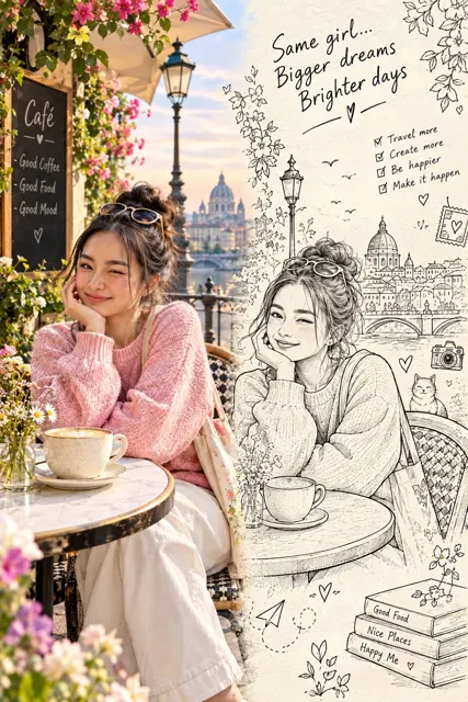 Split screen portrait east asian woman photo vs ink illustration