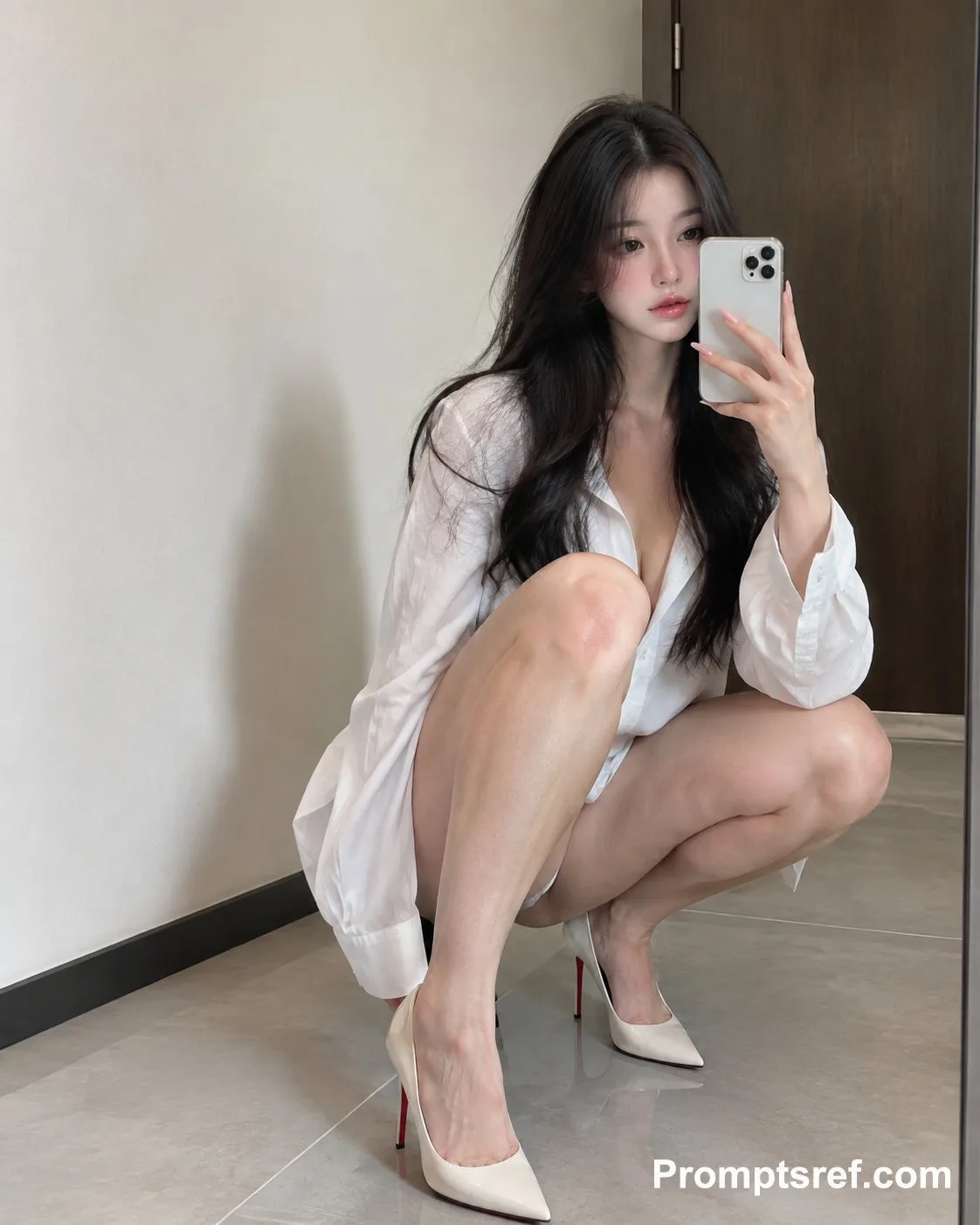 Minimalist apartment oversized shirt crouching mirror selfie — After