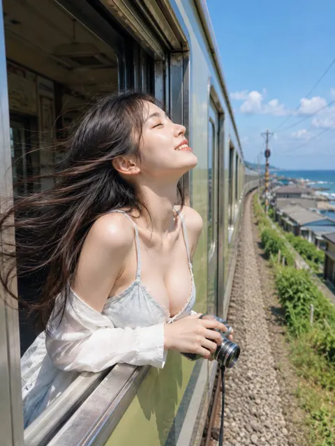 Sea breeze outside train window woman camera