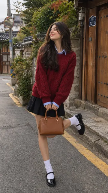 Korean street style red sweater portrait