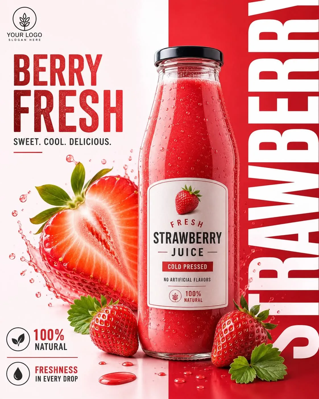 Premium strawberry juice commercial poster — Sonra