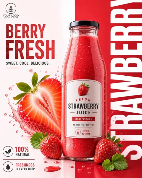 Premium strawberry juice commercial poster