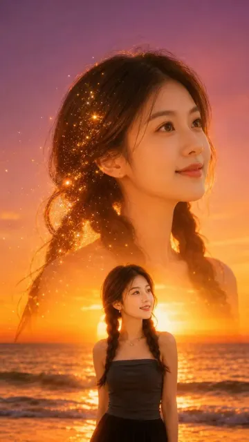Cinematic dreamy double exposure sunset portrait