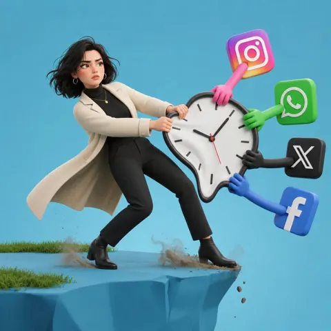 3d pixar style woman social media time theft