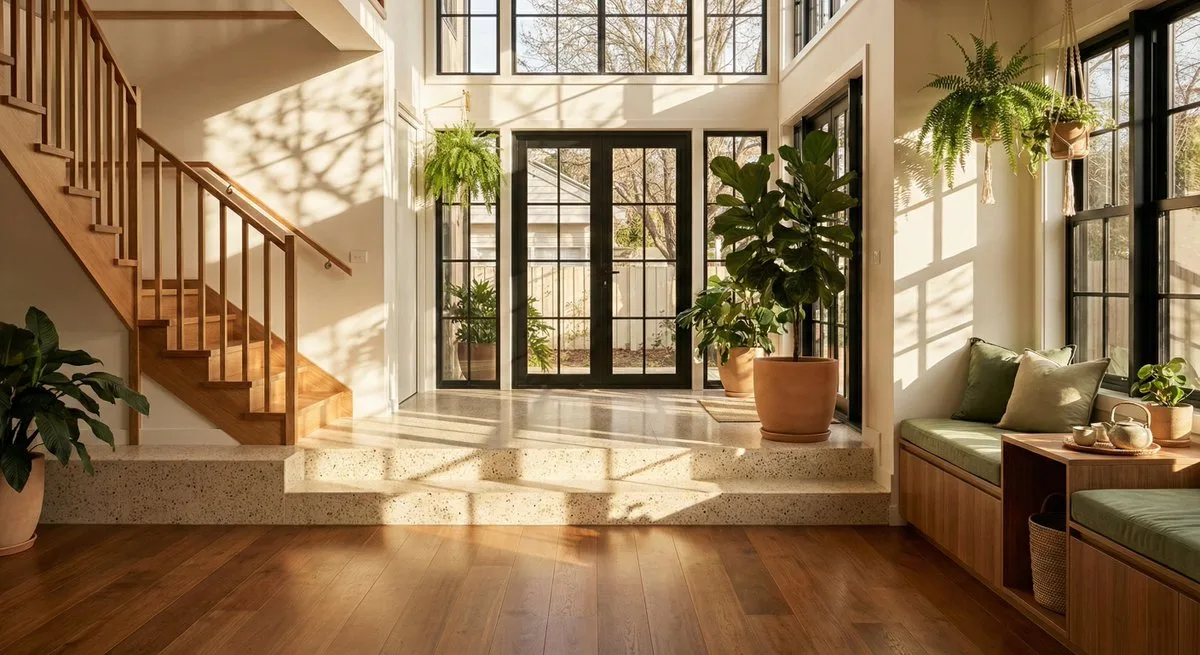 Sun dappled split level foyer — After