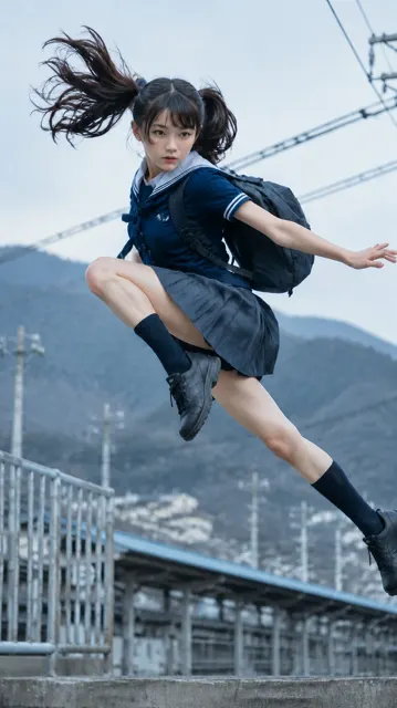 Japanese school uniform girl mid air leap cinematic