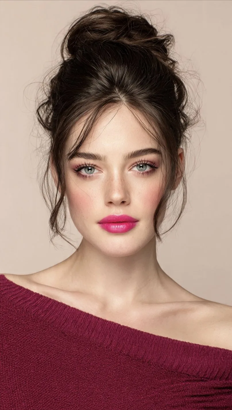 Professional beauty portrait young woman hot pink lipstick — After