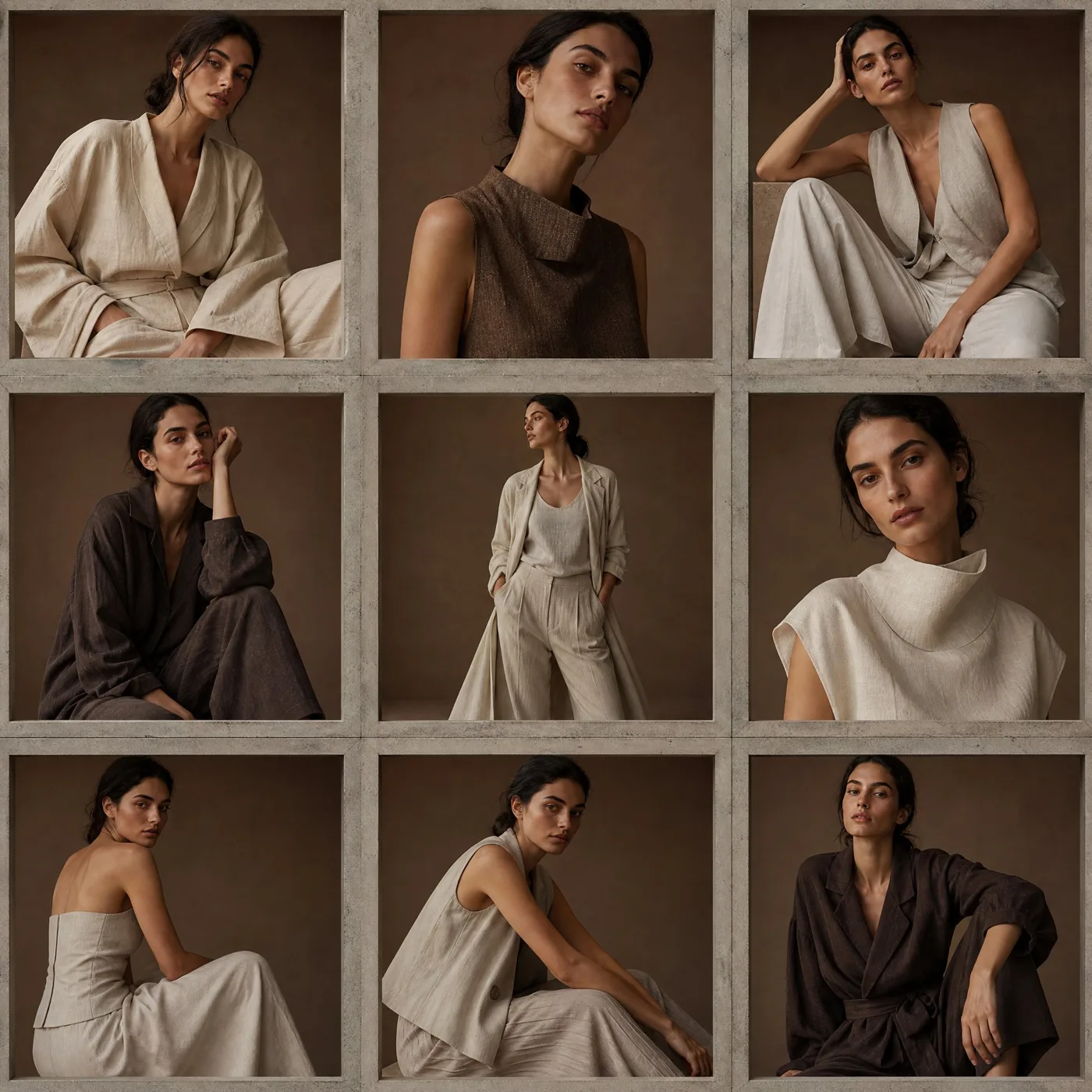 3x3 grid fashion architectural brutalist composition — Sonra