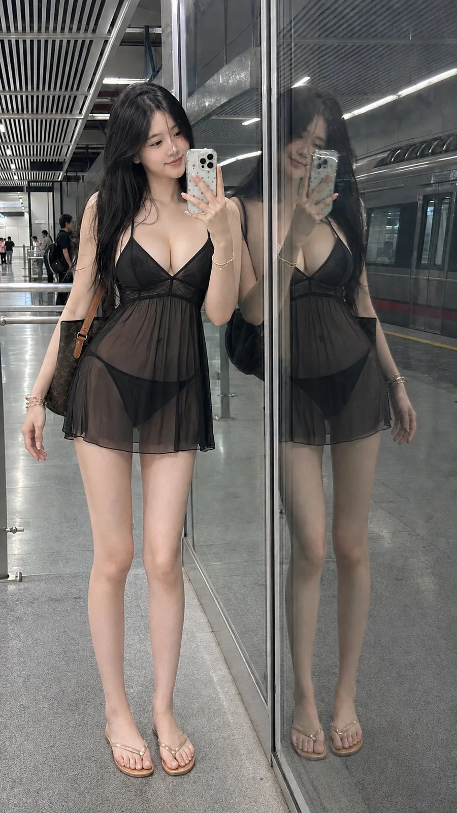 East asian woman subway selfie realistic black babydoll portrait — After