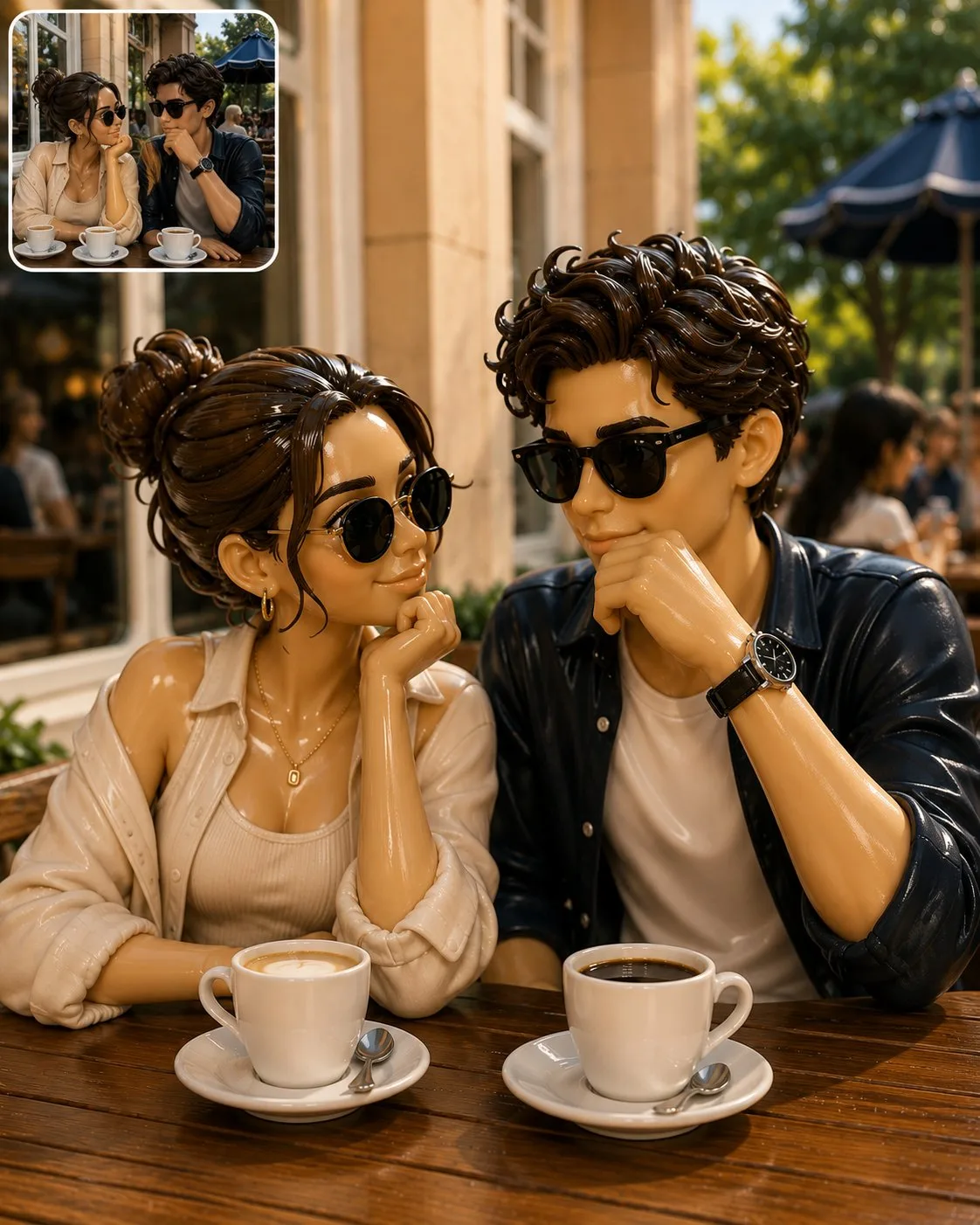 Stylish couple outdoor cafe 3d collectible toy — After