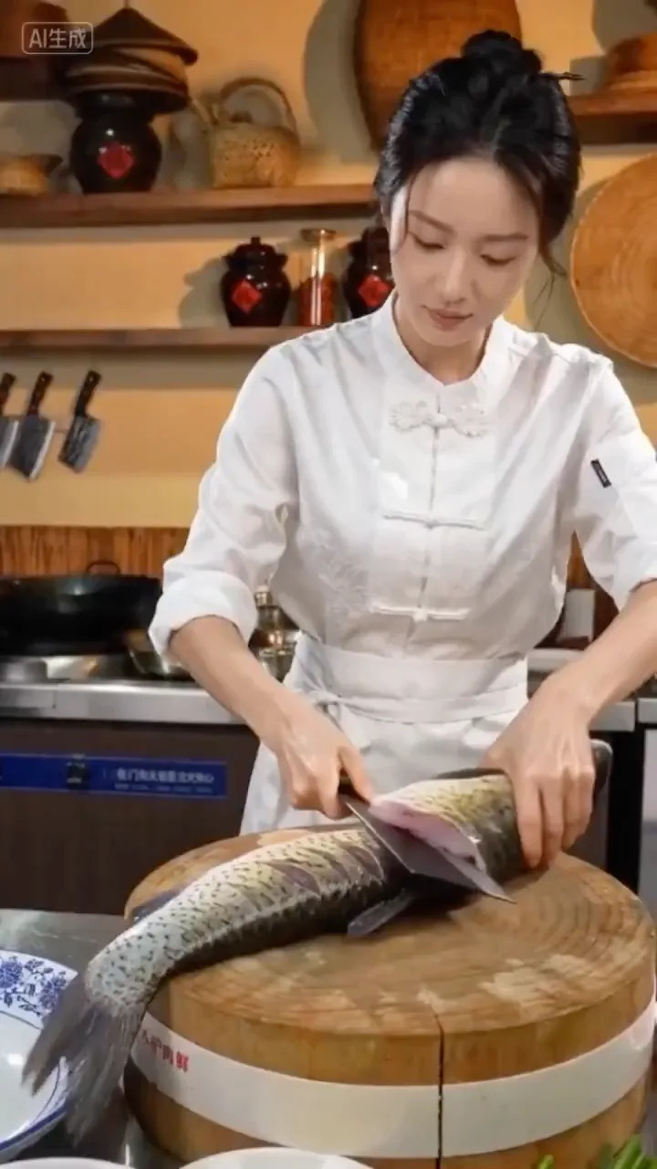 Master chef pouring oil fish — Sonra